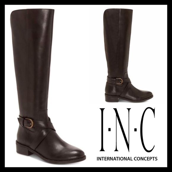 INC International Concepts Shoes - INC International Concepts Leather Closed Toe Knee High Riding Boots Dark Brown